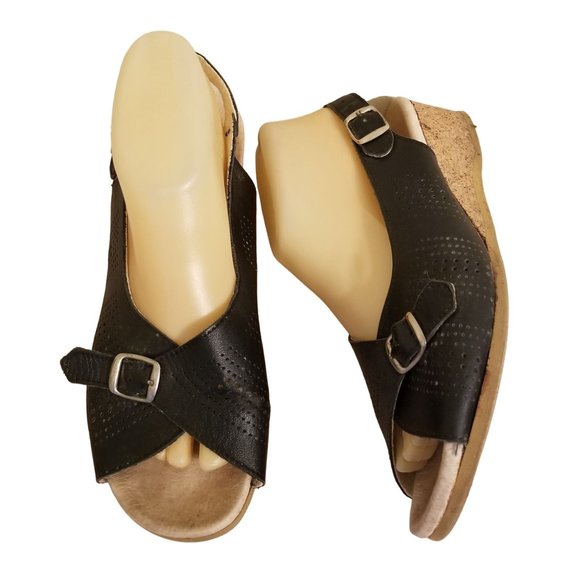 Wurishofer 41 Black Leather Sandals Wedge Slingback Peep Toe Comfort Cork‎ 10 - Picture 1 of 8